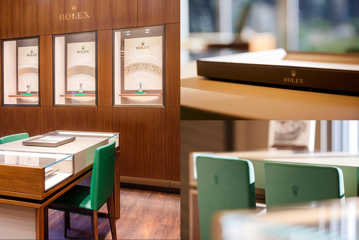 Collage aus Bildern aus dem Rolex Showroom von Juwelier Lorenz mit grünen Ledersesseln und Vitrinen in den Wänden