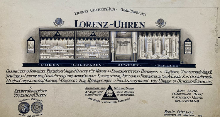 Eine historische Werbeanzeige von Lorenz Uhren. Man sieht die Frontalansicht des Geschäftes und Kontaktdaten.