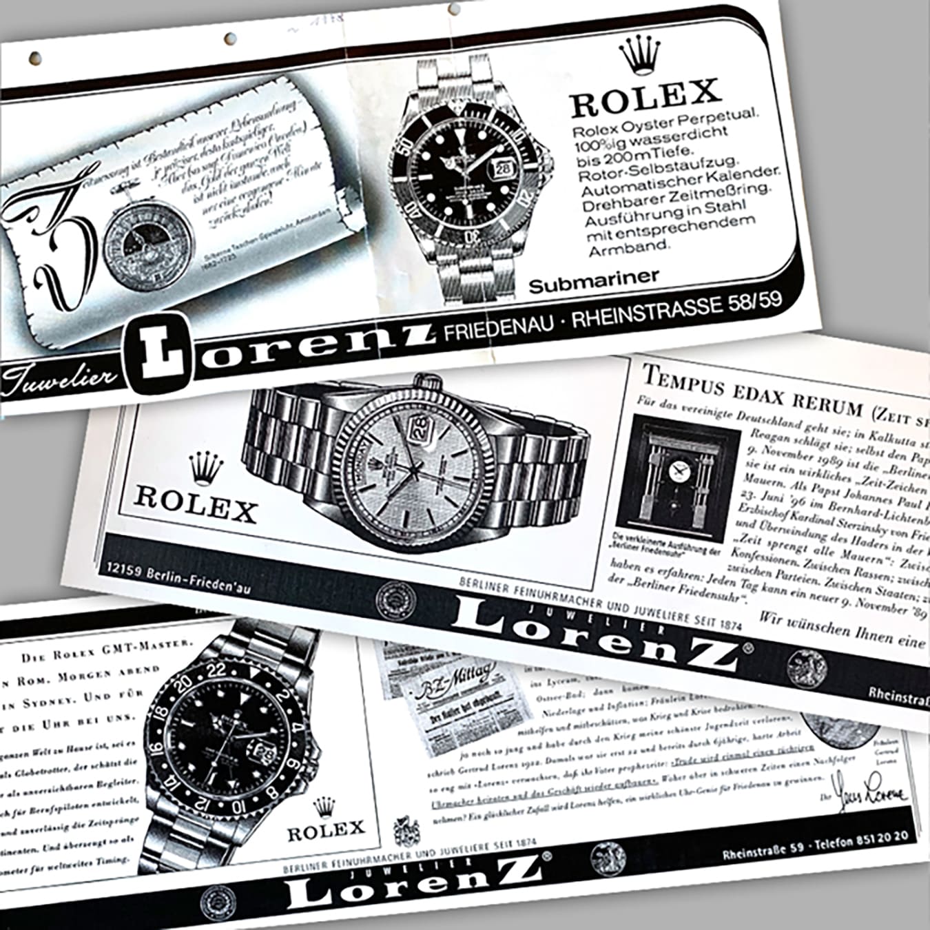 Drei sich überlappende historische Rolex Uhren Werbeanzeigen von Juwelier Lorenz