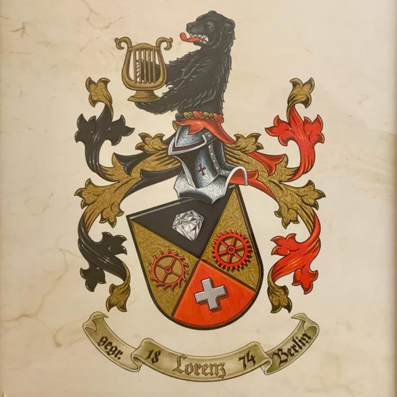 Wappen der Familie Lorenz. Die Elemente zeigen die Verbundenheit zur Schweiz und zu Deutschland.
